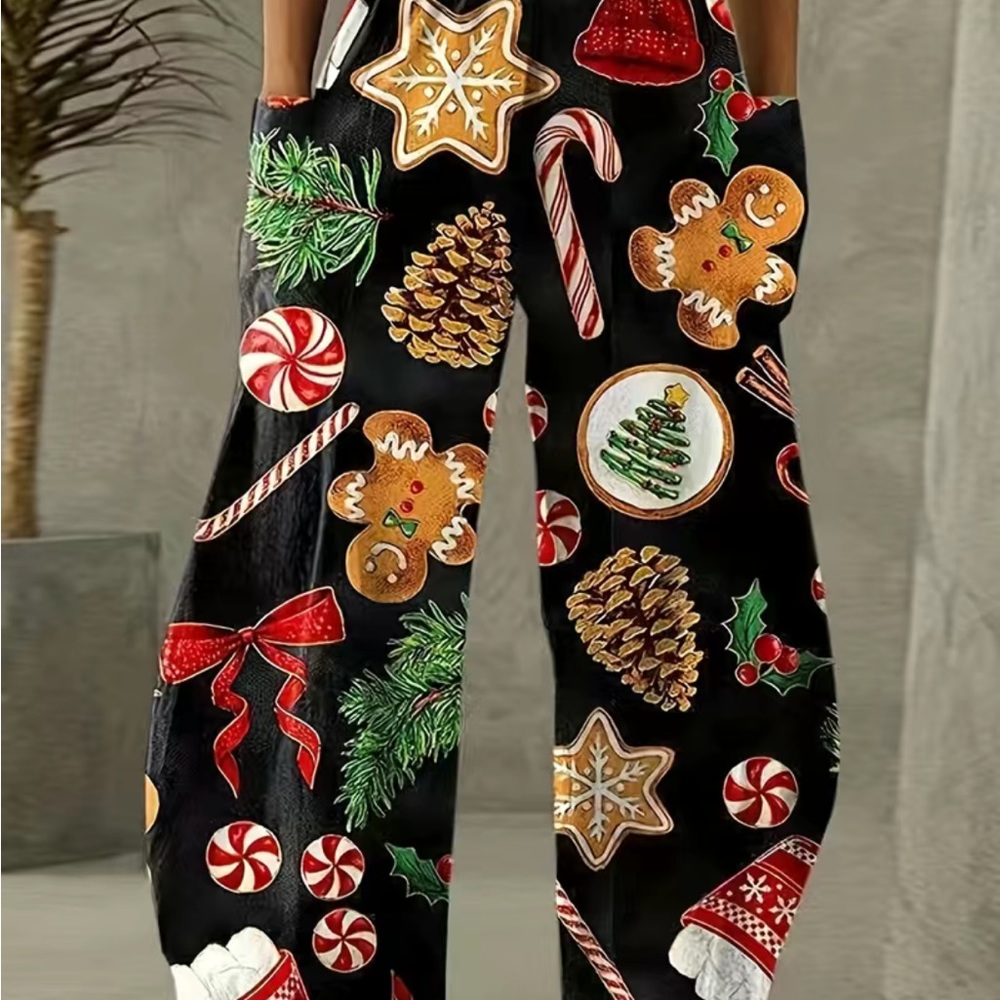 Plus Size Christmas Pants, Women's High Rise Wide Leg Trousers